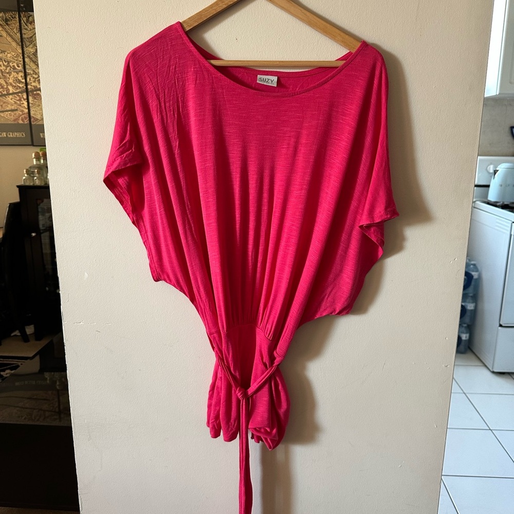 Suzy Shier Pink Asymmetrical Dolman Sleeve Blouse
